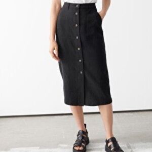 & Other Stories Black Lyocell Linen Blend Pencil Button Front Midi Skirt Size 2